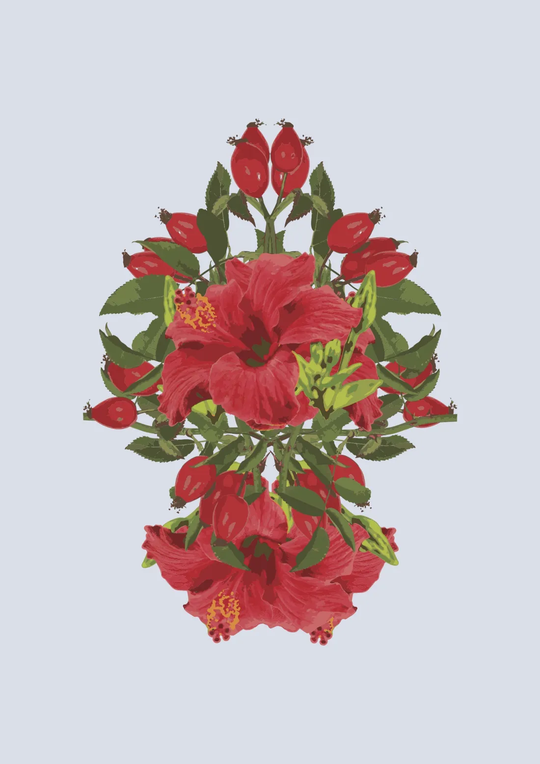 Blooming: mirrored hibiscus on pale blue