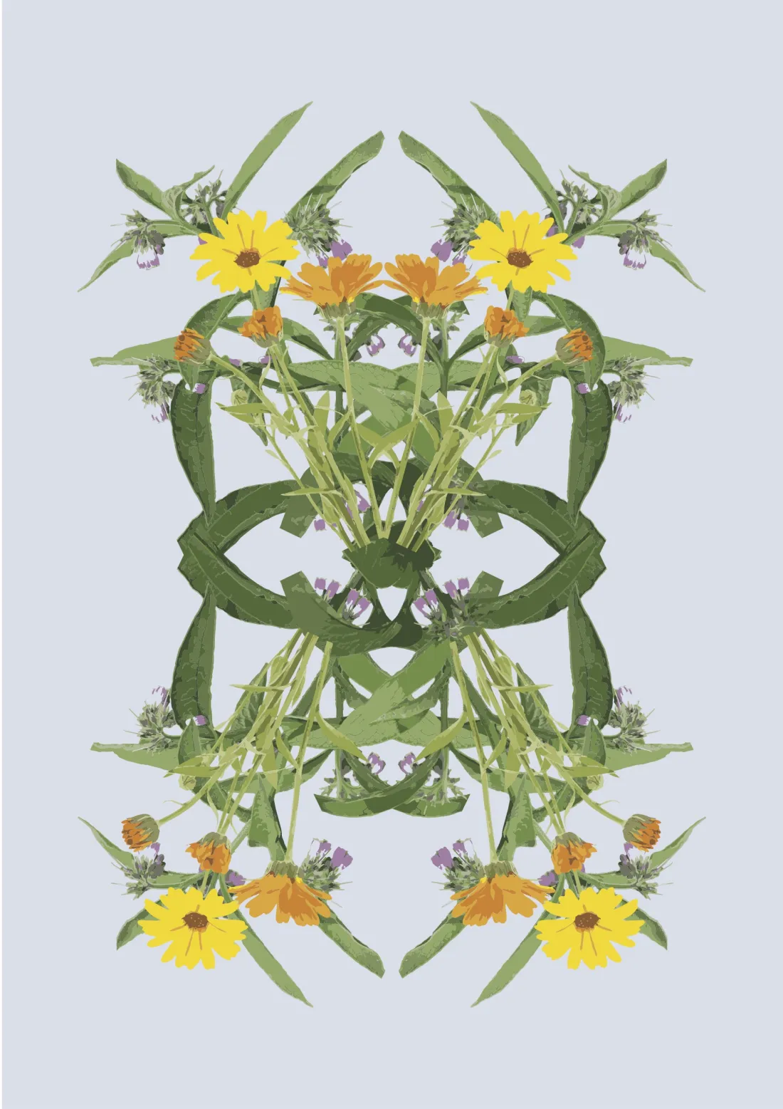 Blooming: mirrored yellow blossom on pale blue